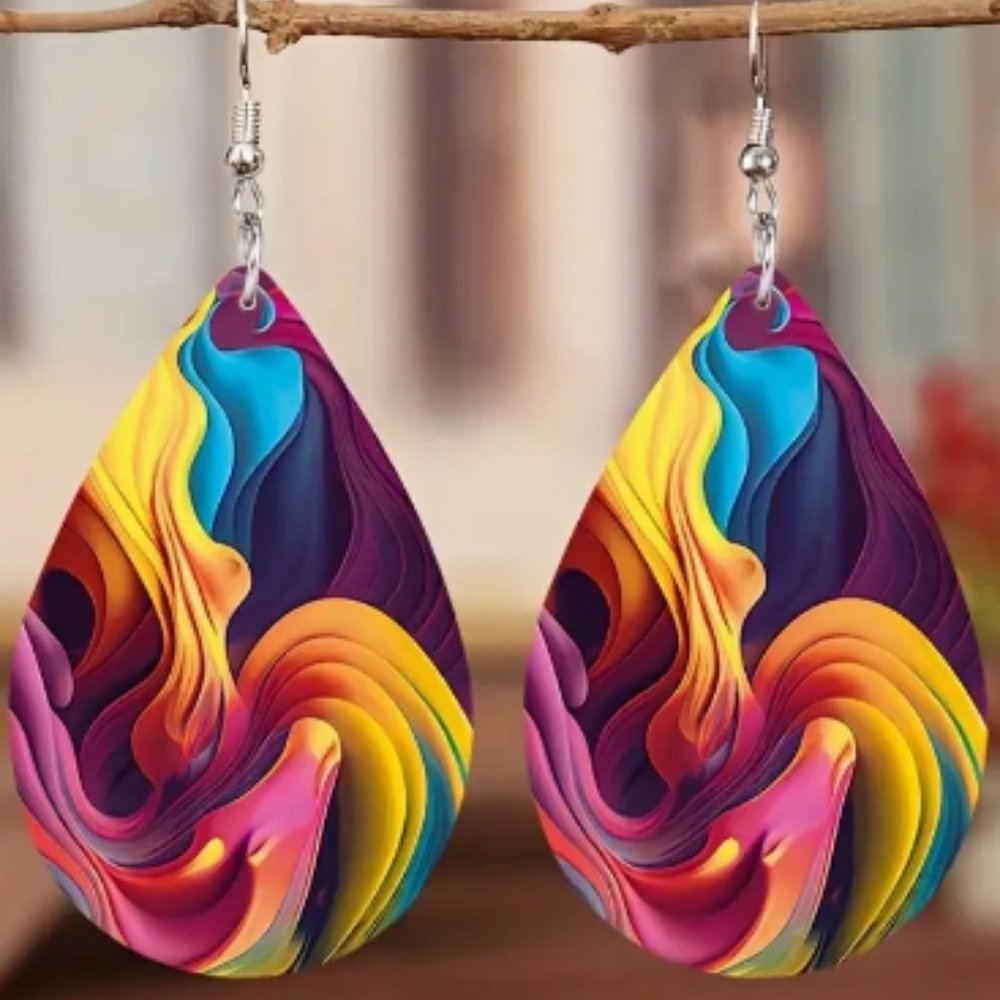 Colorful Streamer Print Teardrop Dangle Earrings on faux leather